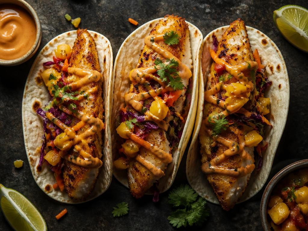 Three soft-shell fish tacos with sriracha mayo and mango-kimchi slaw