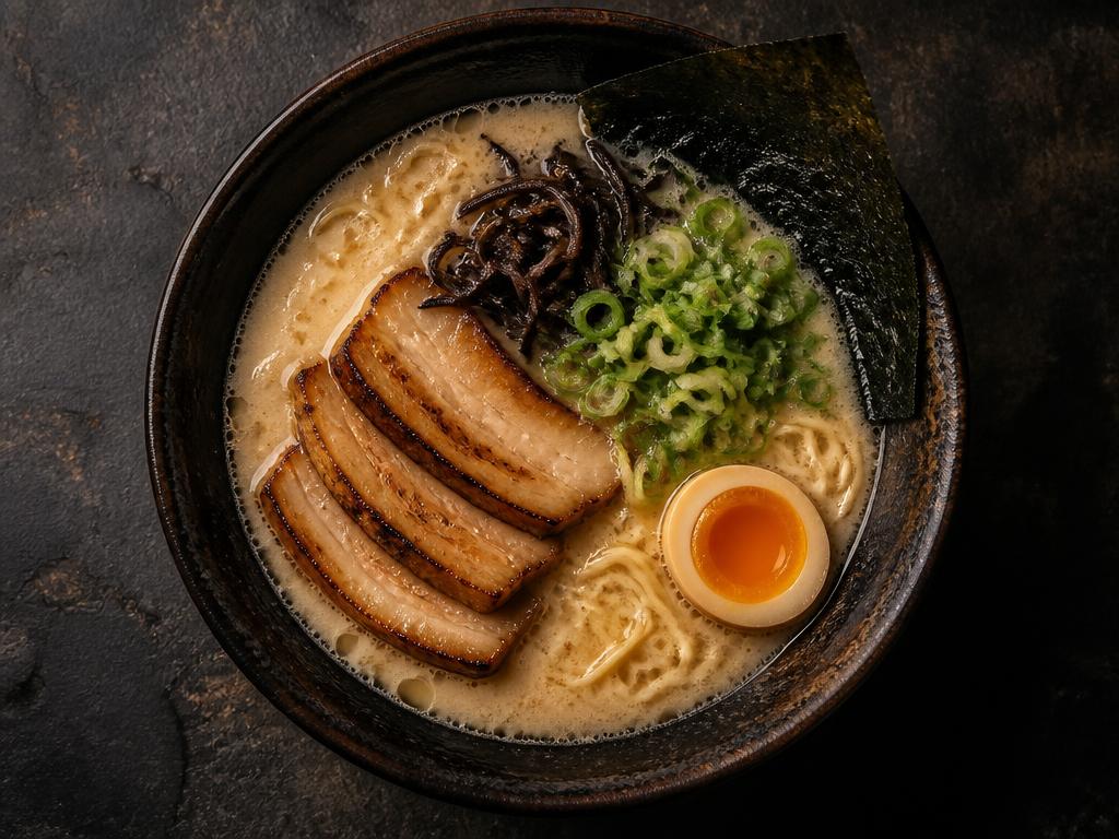Pork belly tonkotsu ramen bowl with egg, scallions and seaweed